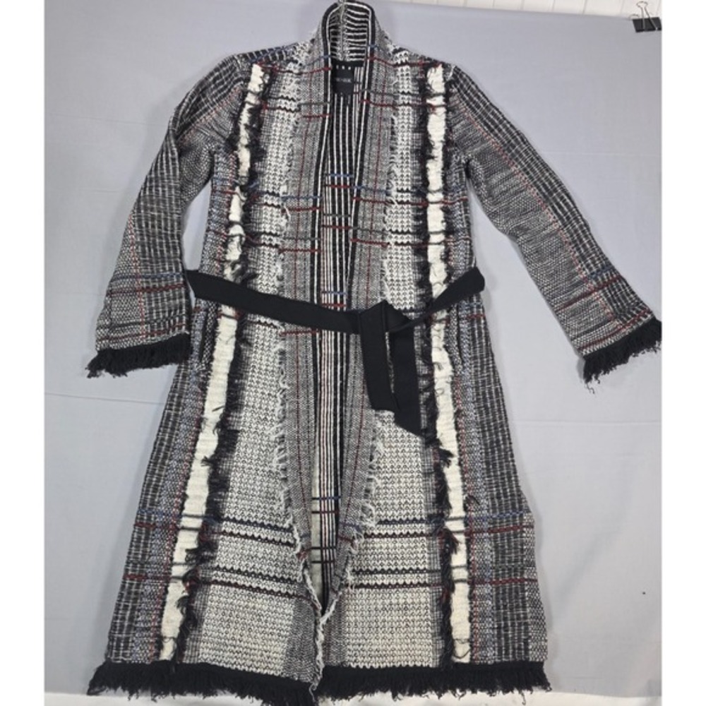 NIC+ZOE Womens Small Cardigan Open Front Belted Jacquard Fringe Knit Black White